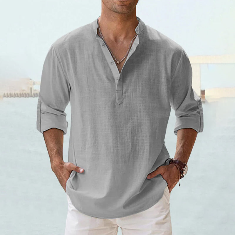 Men's Long Sleeve Grandad Collar Shirt in Washed Cotton | Classic Henley Button Placket Casual Relaxed Fit Heritage Style Timeless Weekend Shirt | Koossa