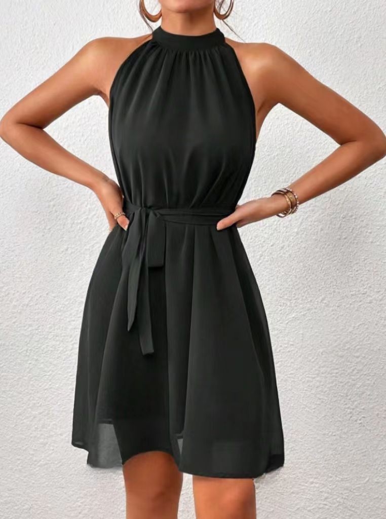 Women's Halter Neck Mini Dress with Belt — Elegant Sleeveless Dress for Spring & Summer Occasions | Koossa