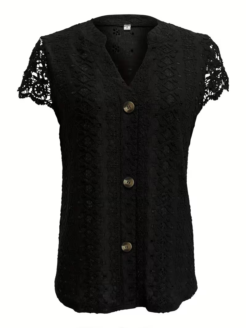 Women's V-Neck Shirt with Lace Detail and Button Accents in White, Pink and Black | Koossa