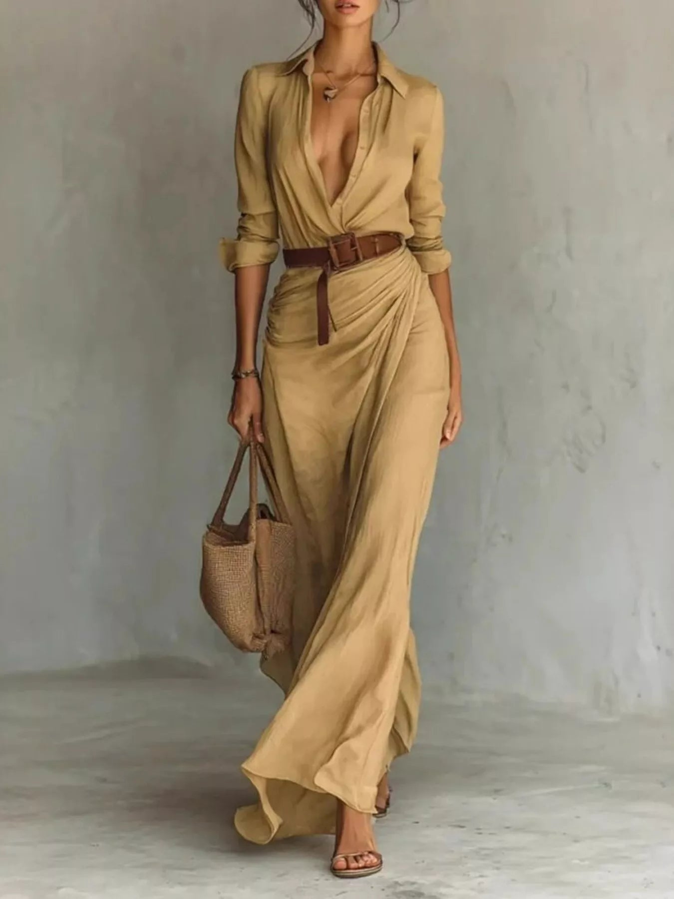 Women's Belted Maxi Dress with Long Sleeves in Khaki, Black, White & Navy Blue – Elegant Flowing Full-Length Dress for Day and Evening | Koossa