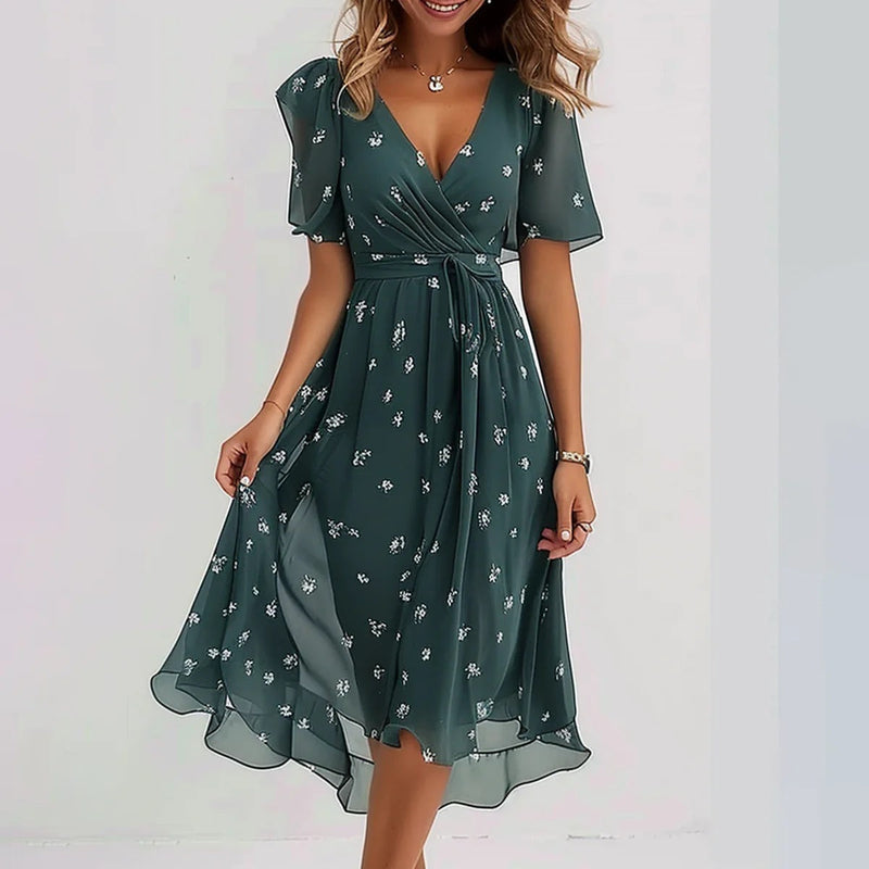 Women's Printed V-Neck Dress with Asymmetric Hem in Vintage Floral | Short Sleeve Lightweight Summer Occasion Dress | Koossa