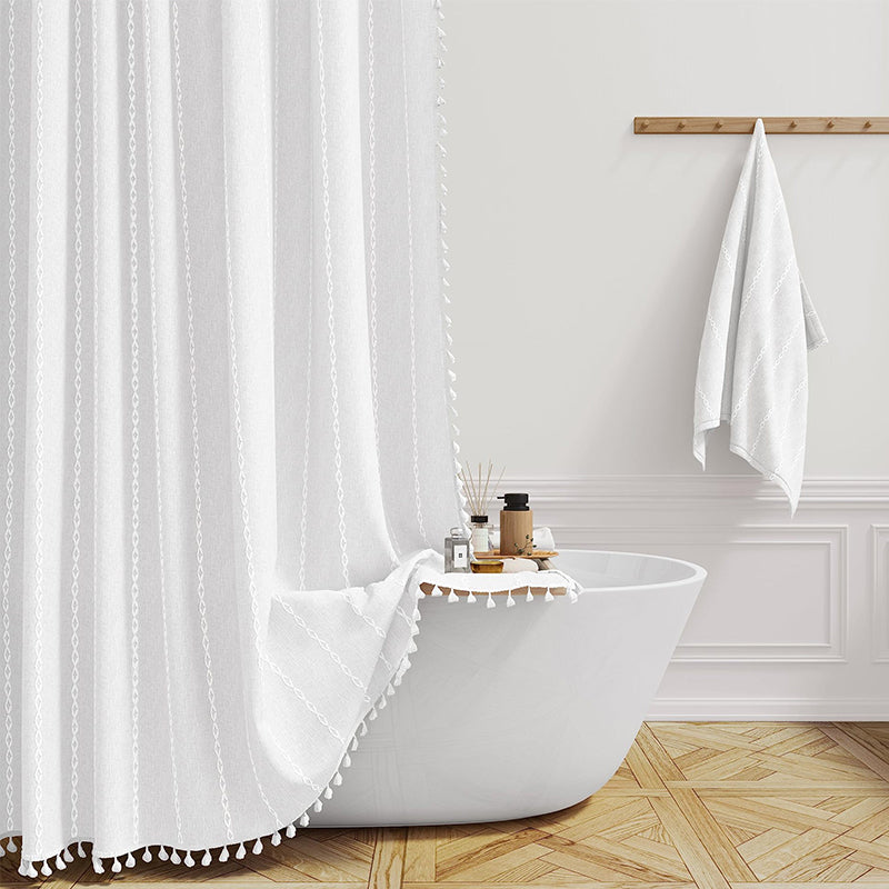 Rideau de Douche en Lin Tissé Imperméable avec Franges Bohème 180×200 cm Salle de Bains Beige à Carreaux | Koossa