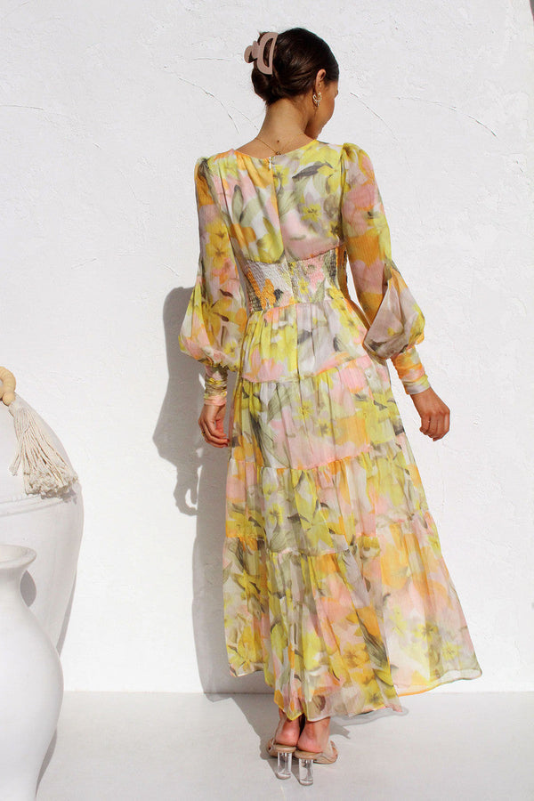 Women's Floral Midi Dress with V-Neckline — Elegant Dress for Garden Parties & Weekend Occasions | Koossa