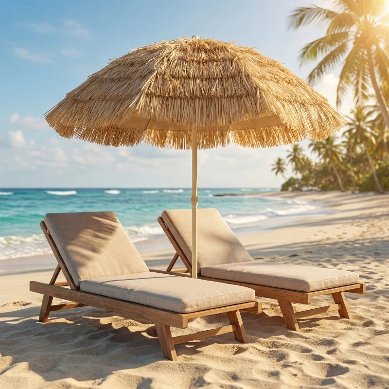 Hawaiian Tiki Beach Umbrella 6 ft Tilt Patio Shade Khaki Adjustable Height Screw Base Sun Shelter for Outdoor Pool Deck Yard | Lonoma