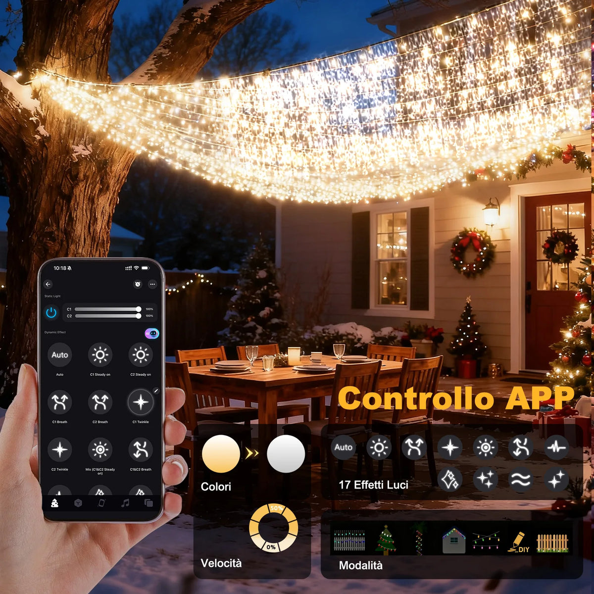 Outdoor LED Icicle String Lights – 200-1800 LEDs, 16.4-147.6 ft, App & Dimmer, 17 Modes, Music Sync, Timer, IP65 Waterproof, Dual Color | Lonoma