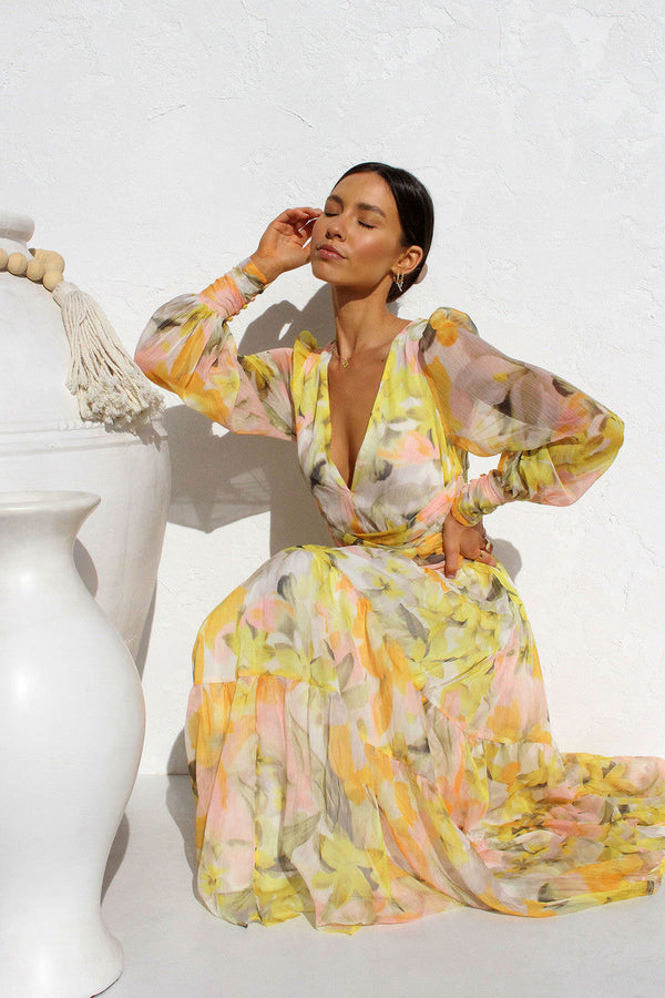 Women's Floral Midi Dress with V-Neckline — Elegant Dress for Garden Parties & Weekend Occasions | Koossa