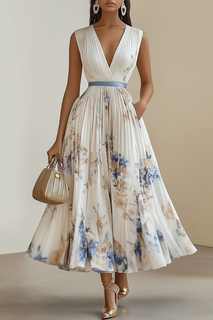 Pleated Midi Dress with V-Neckline in White – Elegant Occasion Gown with Defined Waist and Flowing Skirt for Ceremonies and Formal Celebrations | Koossa