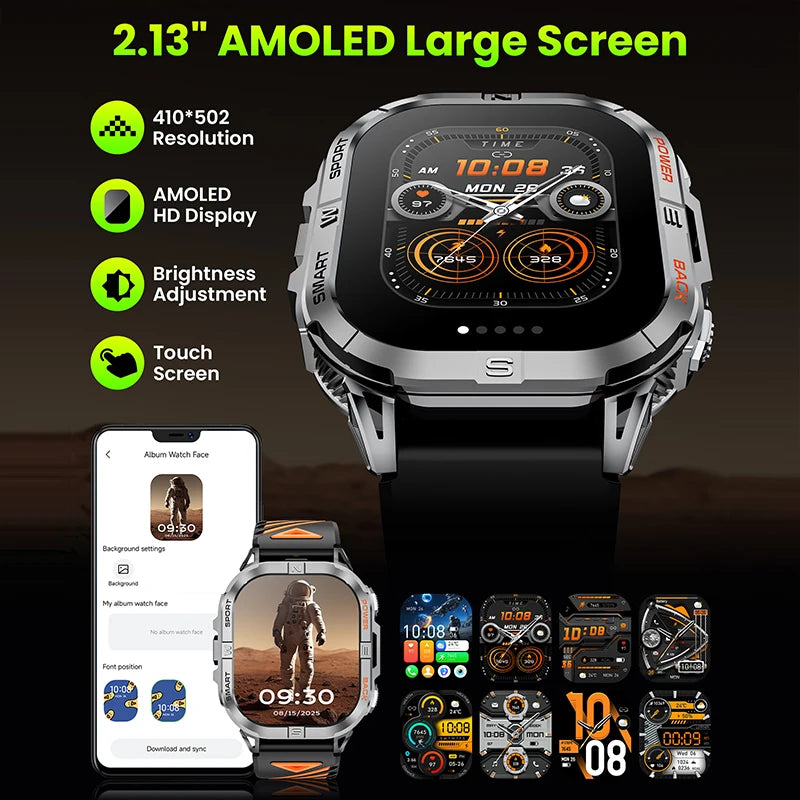 Rugged Outdoor Smartwatch with Built-In GPS Compass Bluetooth Calling 2.13-Inch AMOLED Display 580mAh Battery LED Flashlight Fitness Tracker | Lonoma
