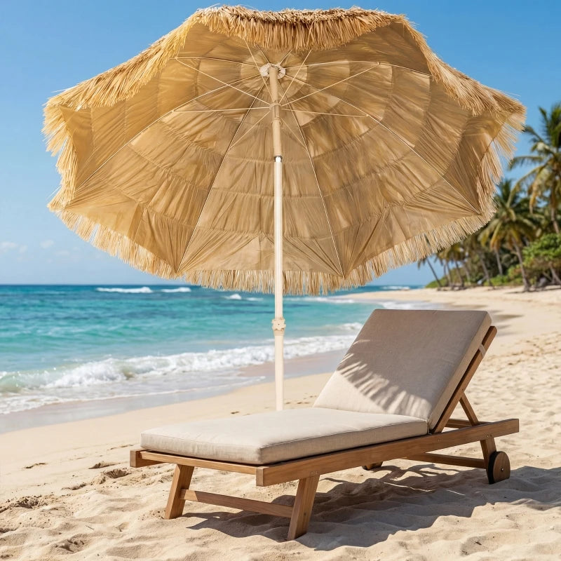 Hawaiian Tiki Beach Umbrella 6 ft Tilt Patio Shade Khaki Adjustable Height Screw Base Sun Shelter for Outdoor Pool Deck Yard | Lonoma