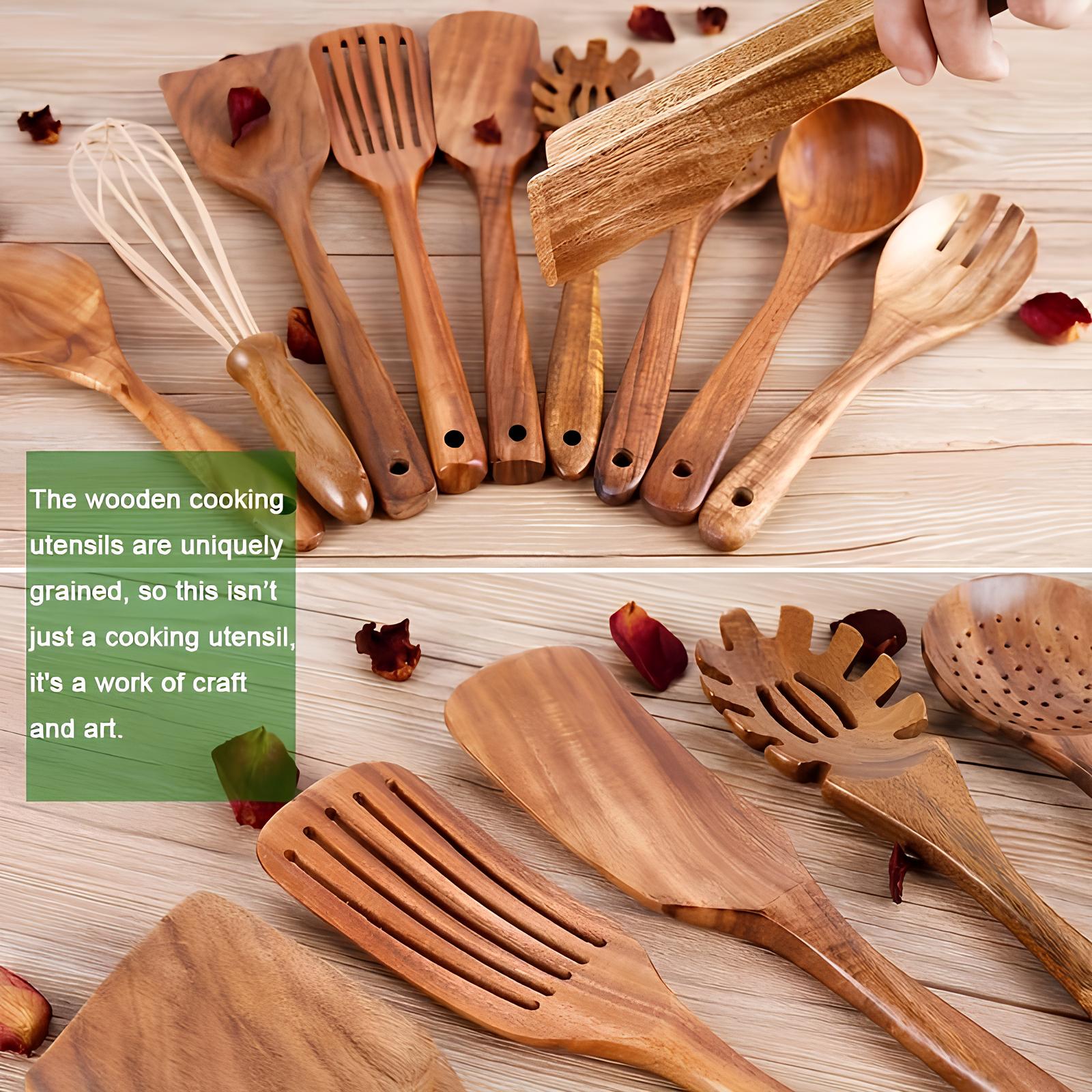 Ensemble de 11 ustensiles de cuisine en teck avec support – Bois naturel durable et résistant pour tous les jours | Koossa