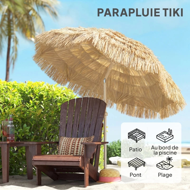 Hawaiian Tiki Beach Umbrella 6 ft Tilt Patio Shade Khaki Adjustable Height Screw Base Sun Shelter for Outdoor Pool Deck Yard | Lonoma