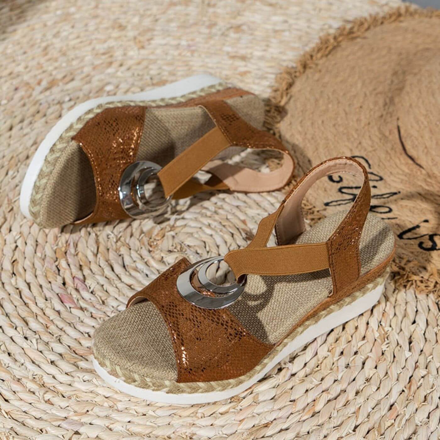 Platform Ring-Detail Sandals in Gold, Black, Blue & Brown – Elevated Summer Footwear with Metallic Accent & Cushioned Sole for Warm-Weather Elegance | Koossa