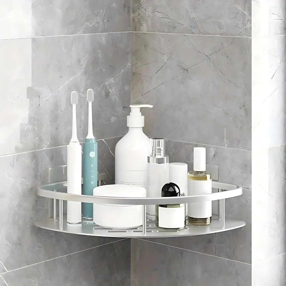 Étagère d'angle de douche aluminium sans perçage résistante à l'eau avec drainage moderne salle de bains | Koossa