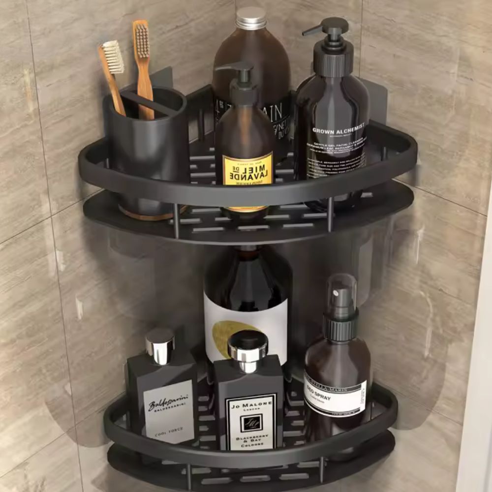 Étagère d'angle de douche aluminium sans perçage résistante à l'eau avec drainage moderne salle de bains | Koossa