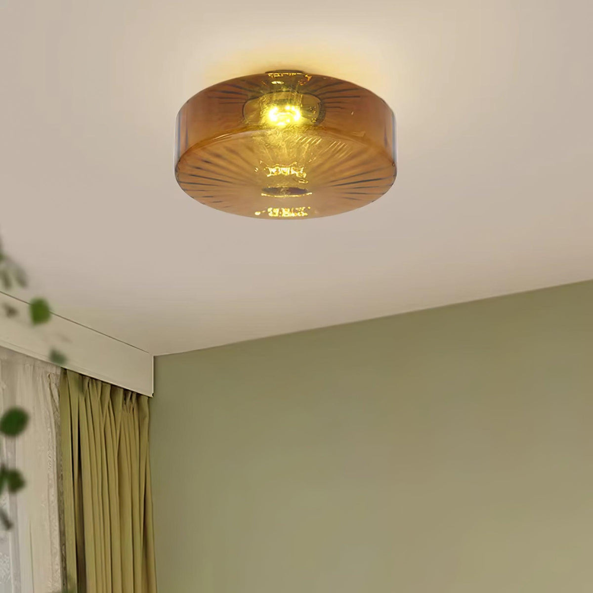 Flush Mount Ceiling Light Amber Glass Shade Vintage Sunburst Pattern for Bedroom Hallway Kitchen Dining Room Hardwired LED Fixture | Lonoma