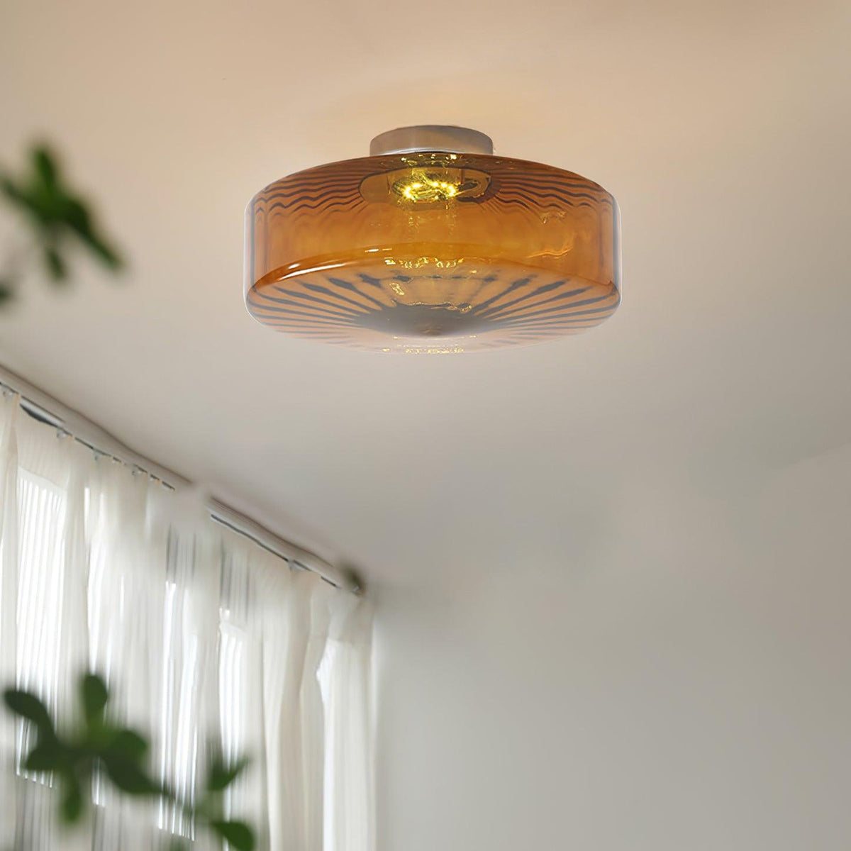 Flush Mount Ceiling Light Amber Glass Shade Vintage Sunburst Pattern for Bedroom Hallway Kitchen Dining Room Hardwired LED Fixture | Lonoma