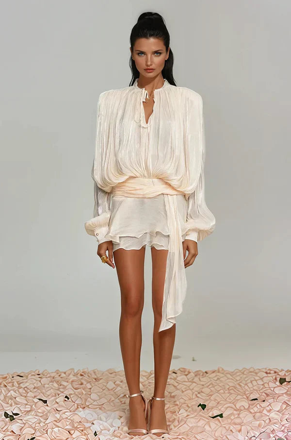 Women's Ruffle Mini Dress with Gathered Balloon Sleeves in Soft Apricot for Garden Parties and Summer Occasions | Koossa
