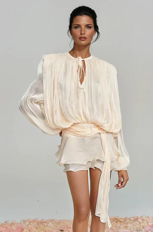 Women's Ruffle Mini Dress with Gathered Balloon Sleeves in Soft Apricot for Garden Parties and Summer Occasions | Koossa