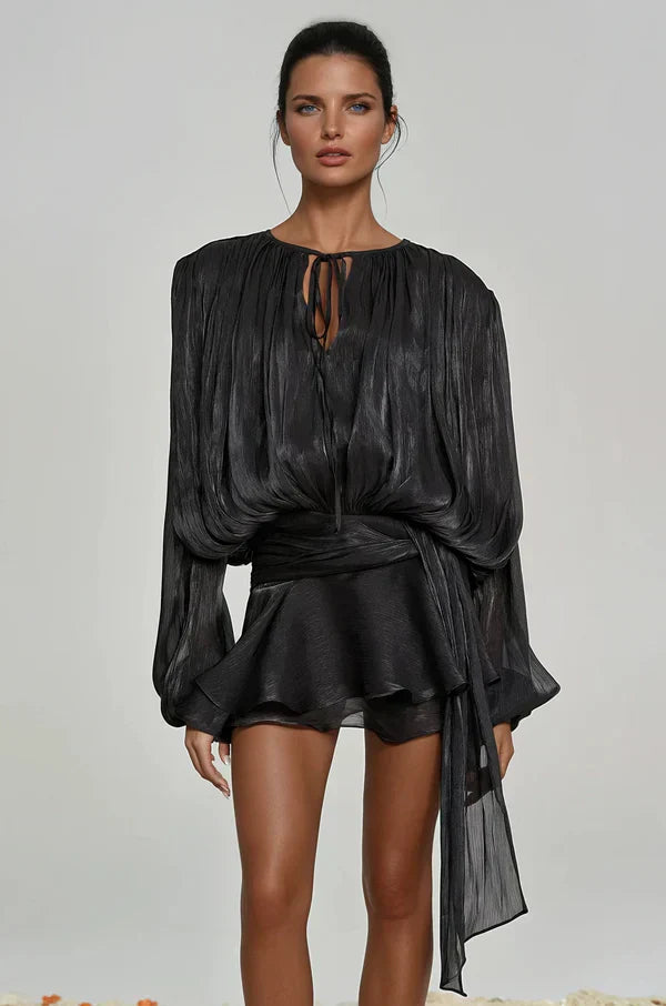 Women's Ruffle Mini Dress with Gathered Balloon Sleeves in Soft Apricot for Garden Parties and Summer Occasions | Koossa