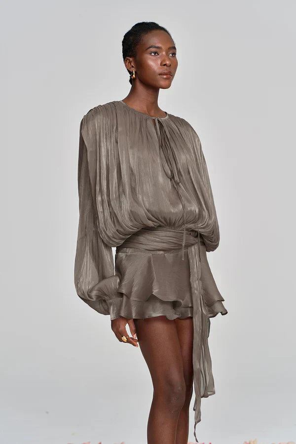 Women's Ruffle Mini Dress with Gathered Balloon Sleeves in Soft Apricot for Garden Parties and Summer Occasions | Koossa