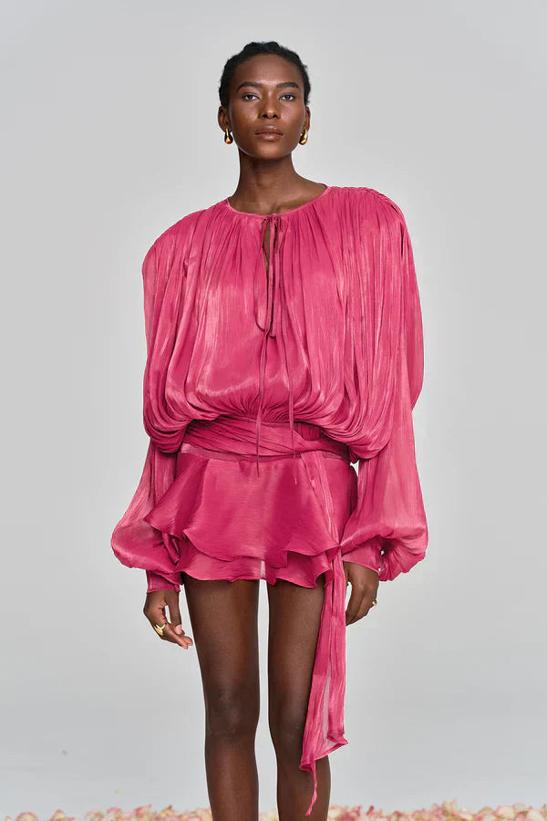 Women's Ruffle Mini Dress with Gathered Balloon Sleeves in Soft Apricot for Garden Parties and Summer Occasions | Koossa