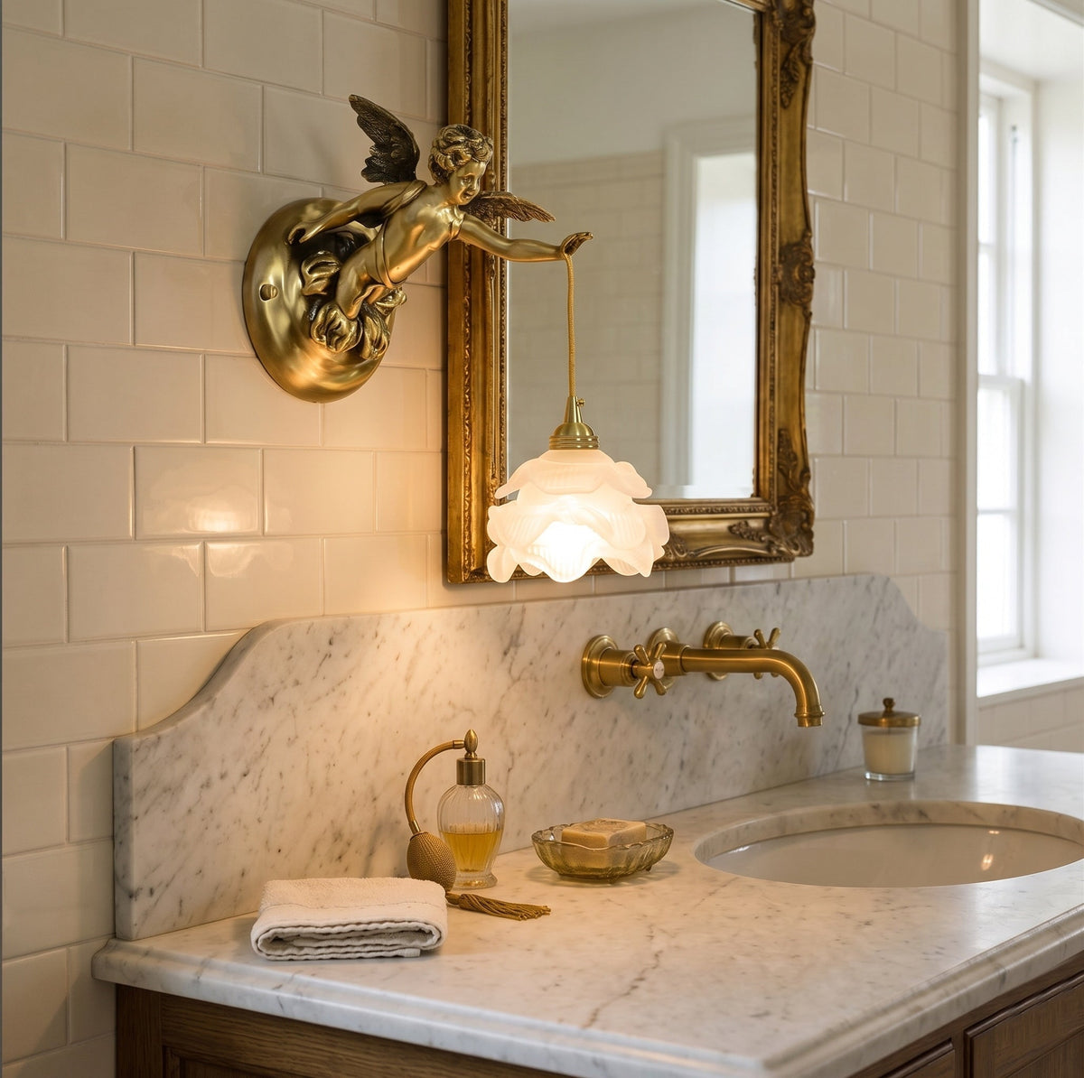 Brass Angel Wing Wall Sconce with Glass Shade – Vintage Art Deco Style Accent Light for Bedroom, Bathroom, Hallway – E12/E14 Decorative | Lonoma