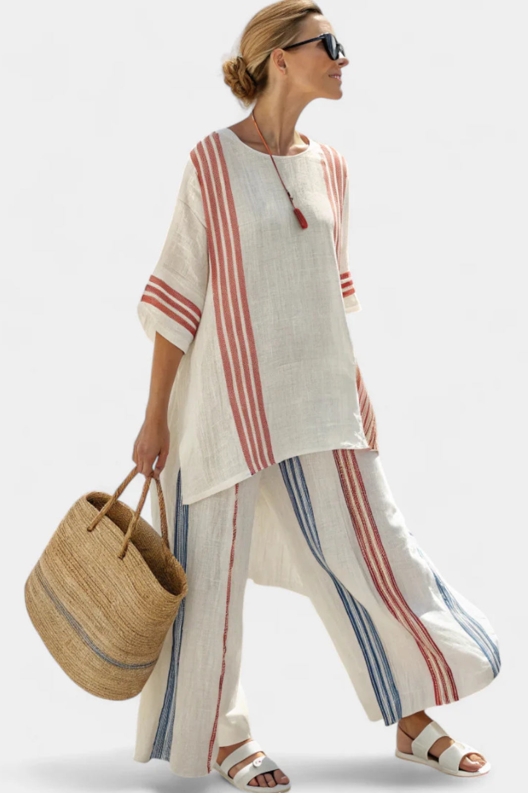 Women's Linen Co-ord Set Striped Top & Wide Leg Trousers Relaxed Summer Two Piece | Koossa
