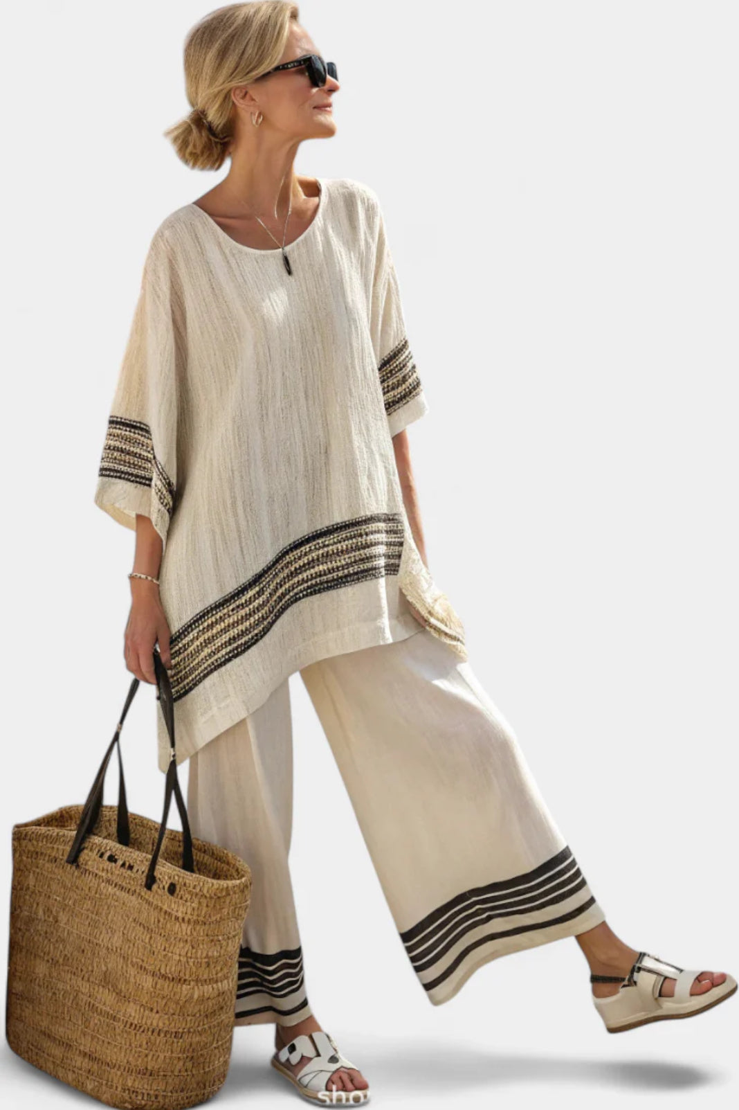 Women's Linen Co-ord Set Striped Top & Wide Leg Trousers Relaxed Summer Two Piece | Koossa
