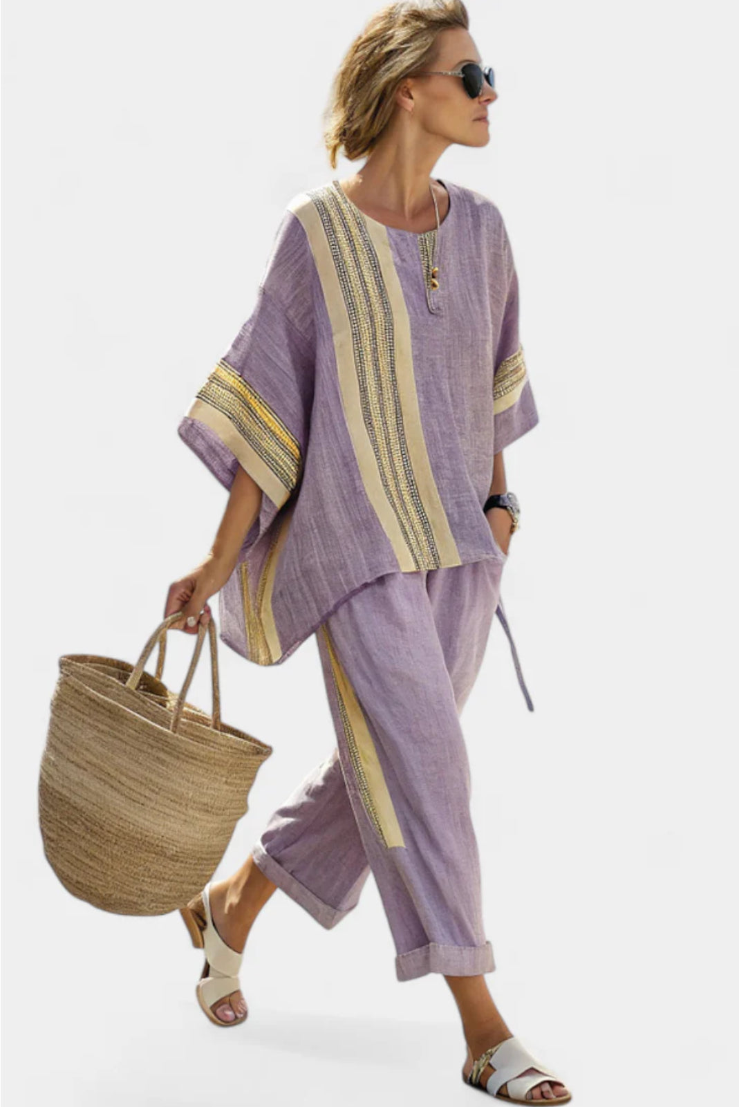 Women's Linen Co-ord Set Striped Top & Wide Leg Trousers Relaxed Summer Two Piece | Koossa