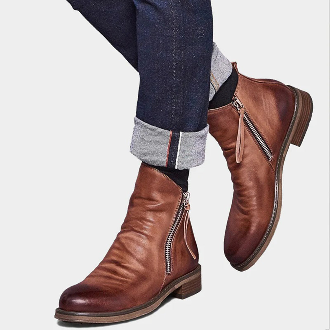 Leather Ankle Boots with Side Zip and Low Block Heel for Women — Comfortable All-Day Casual Footwear | Koossa