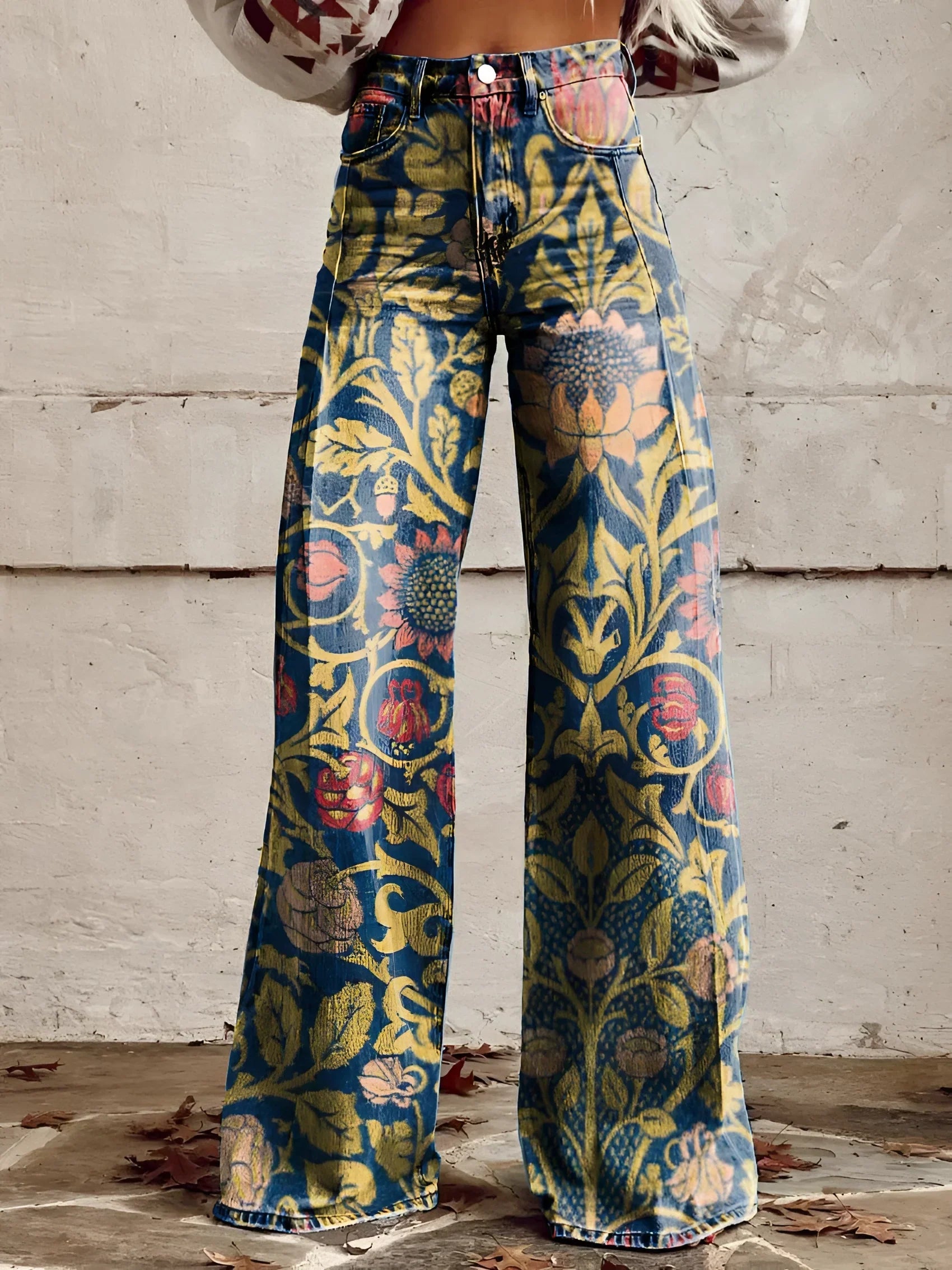 Wide-Leg Floral Printed Jeans with High Waist for Women – Bold Statement Denim Trousers in Artistic Prints | Koossa