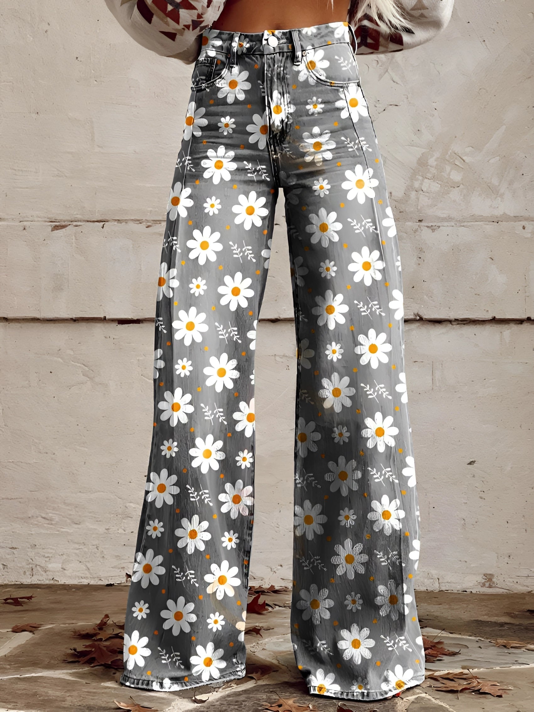 Wide-Leg Floral Printed Jeans with High Waist for Women – Bold Statement Denim Trousers in Artistic Prints | Koossa