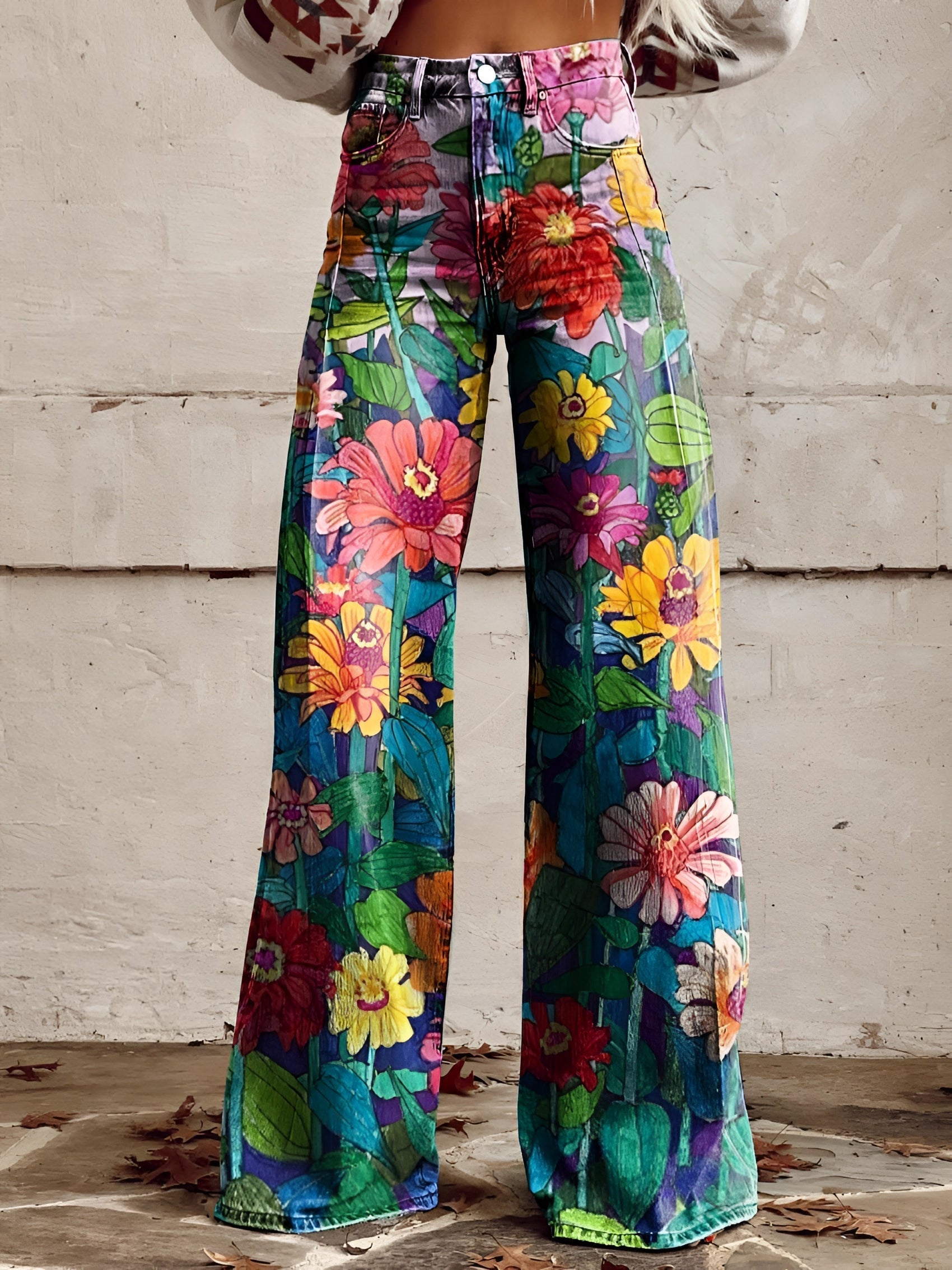 Wide-Leg Floral Printed Jeans with High Waist for Women – Bold Statement Denim Trousers in Artistic Prints | Koossa