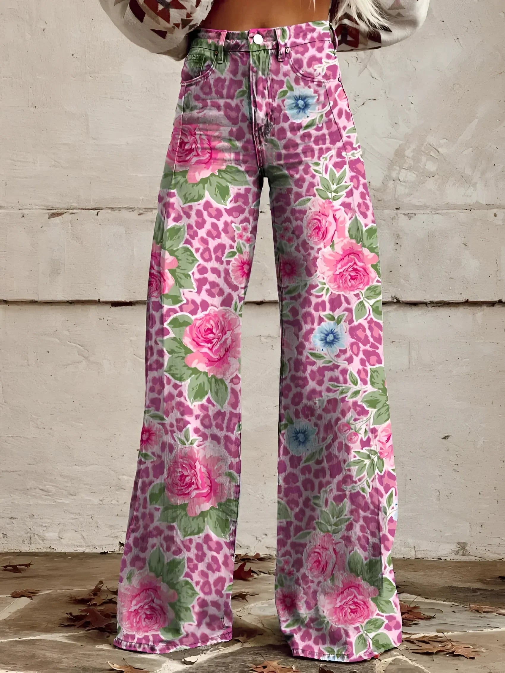 Wide-Leg Floral Printed Jeans with High Waist for Women – Bold Statement Denim Trousers in Artistic Prints | Koossa