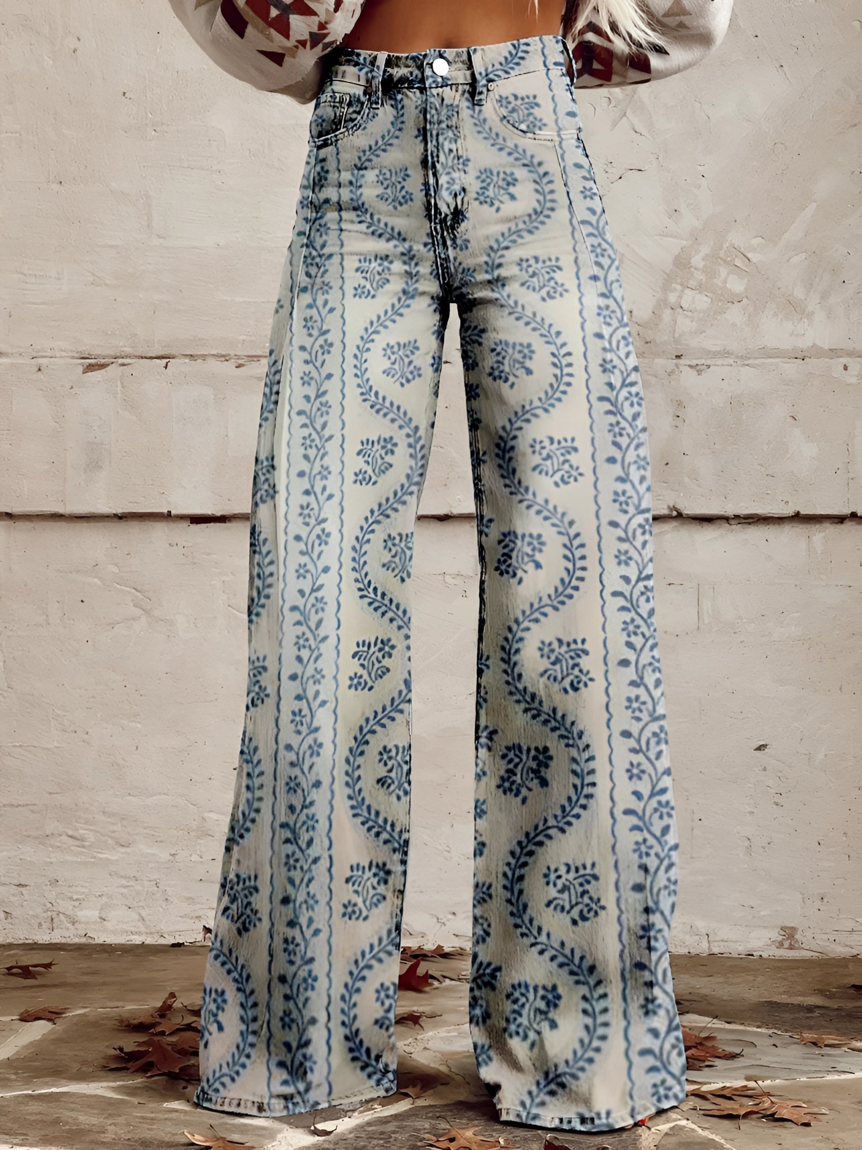 Wide-Leg Floral Printed Jeans with High Waist for Women – Bold Statement Denim Trousers in Artistic Prints | Koossa