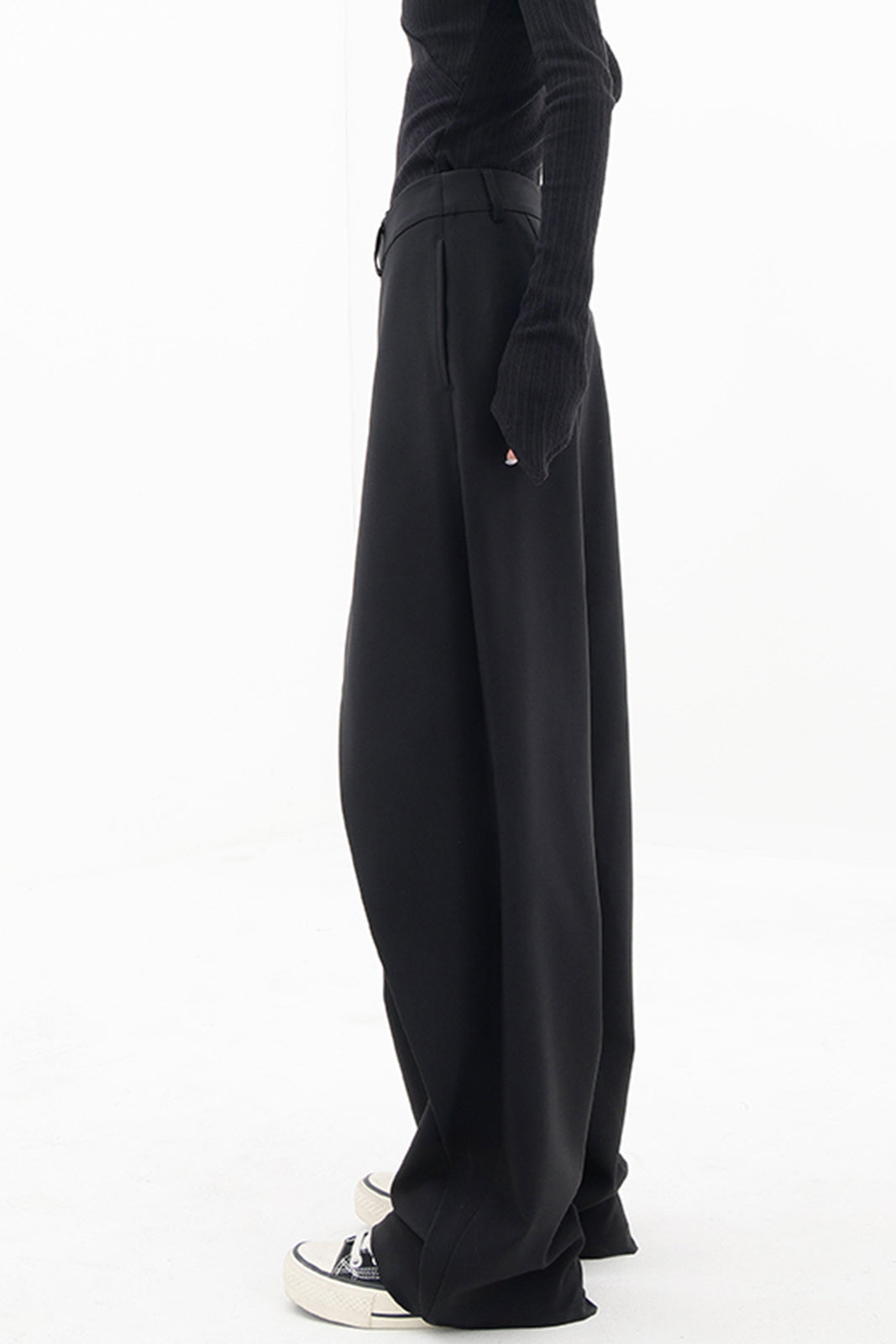 High-Waisted Wide-Leg Trousers with Asymmetric Wrap Detail in Black, Brown & Grey for Work and Evening | Koossa