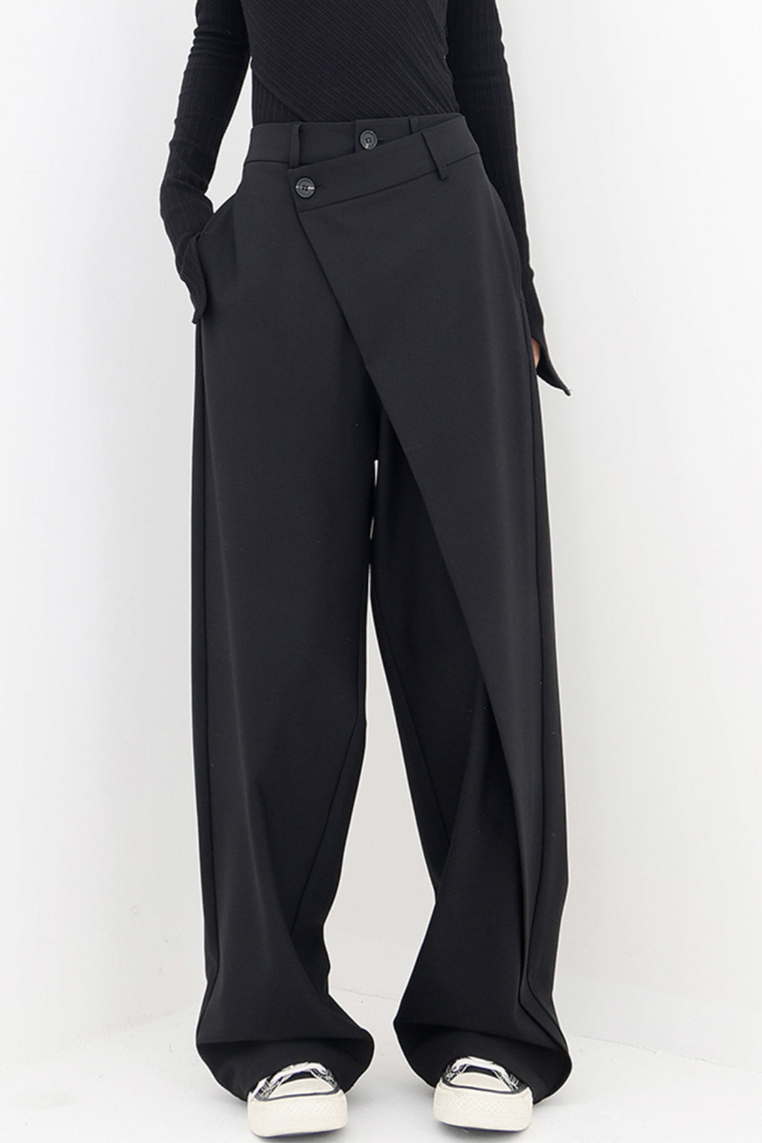 High-Waisted Wide-Leg Trousers with Asymmetric Wrap Detail in Black, Brown & Grey for Work and Evening | Koossa