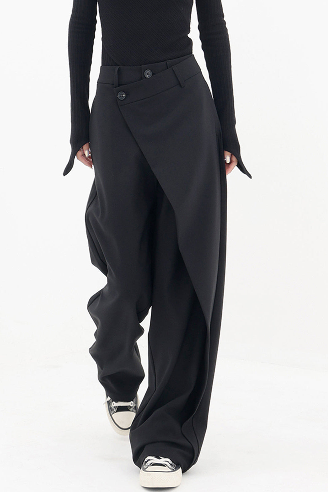 High-Waisted Wide-Leg Trousers with Asymmetric Wrap Detail in Black, Brown & Grey for Work and Evening | Koossa