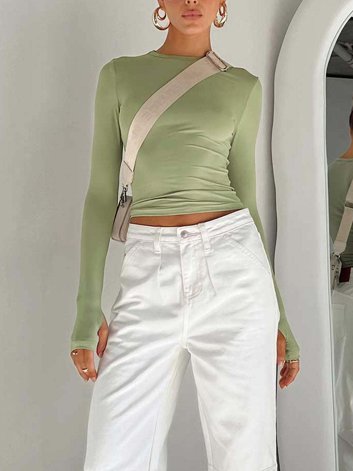 Women's Fitted Long Sleeve Crop Top in Stretch Jersey – Casual Spring Summer Layering Essential | Koossa