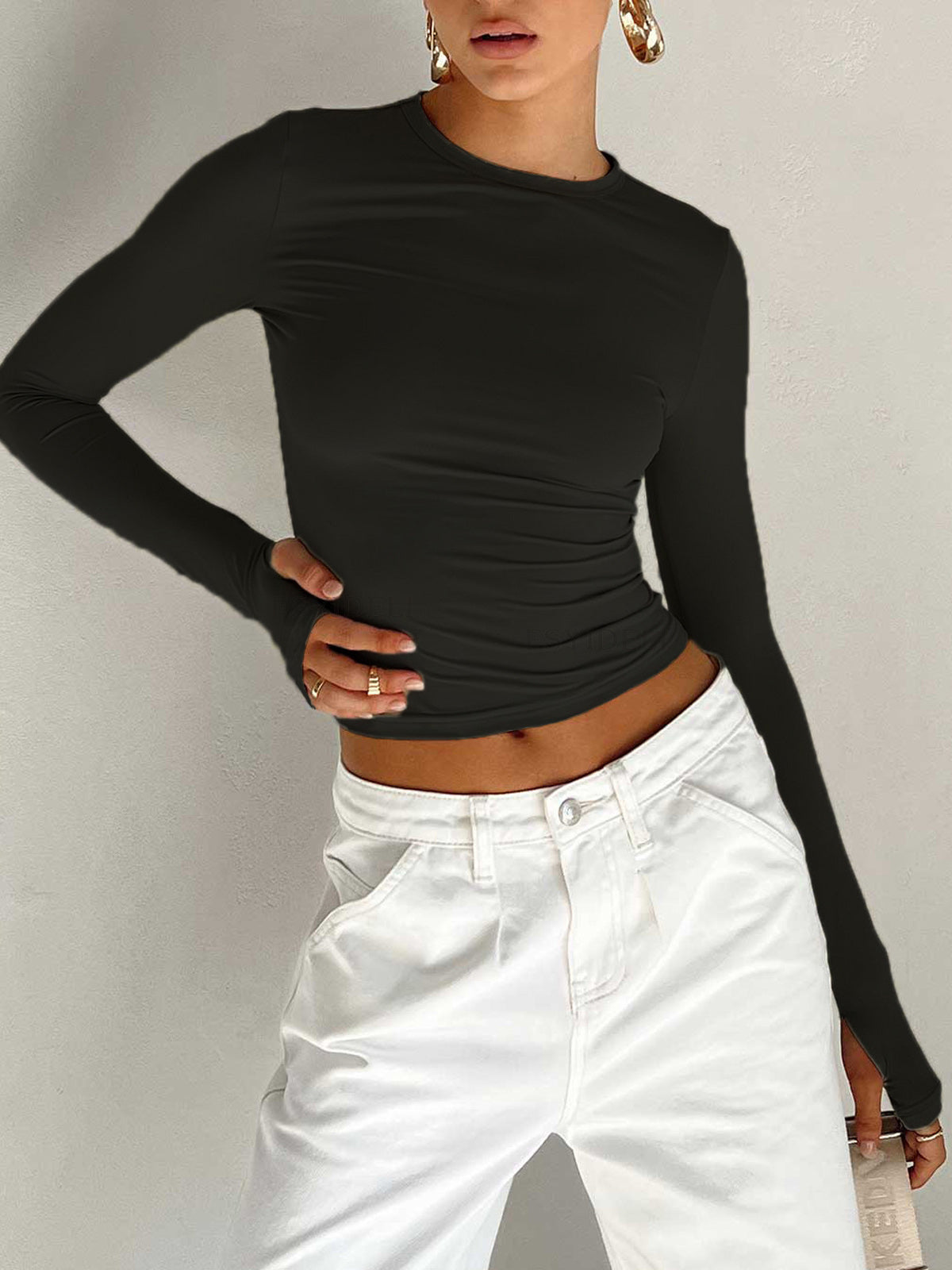 Women's Fitted Long Sleeve Crop Top in Stretch Jersey – Casual Spring Summer Layering Essential | Koossa