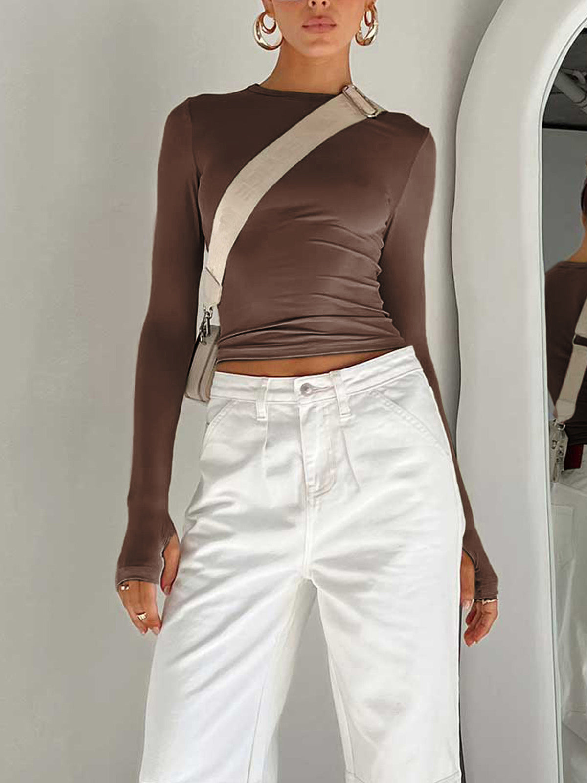 Women's Fitted Long Sleeve Crop Top in Stretch Jersey – Casual Spring Summer Layering Essential | Koossa