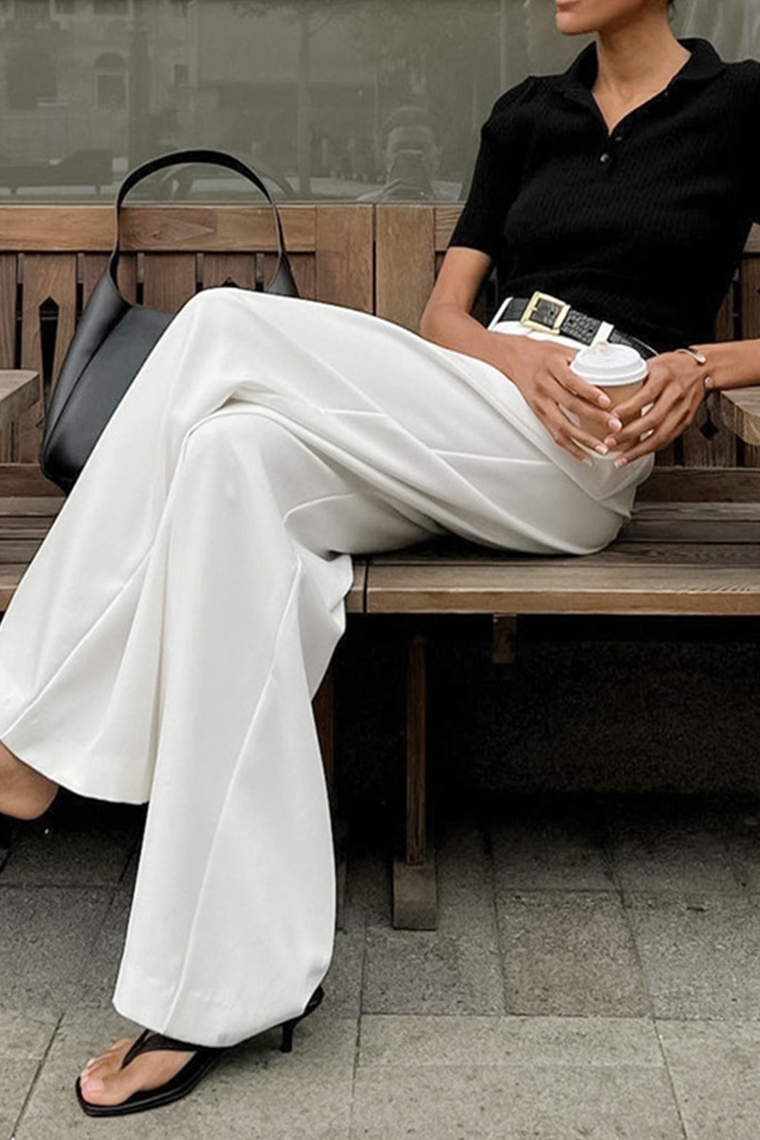 High-Waisted Wide-Leg Trousers in White with Pleated Front for Smart Casual Occasions | Koossa