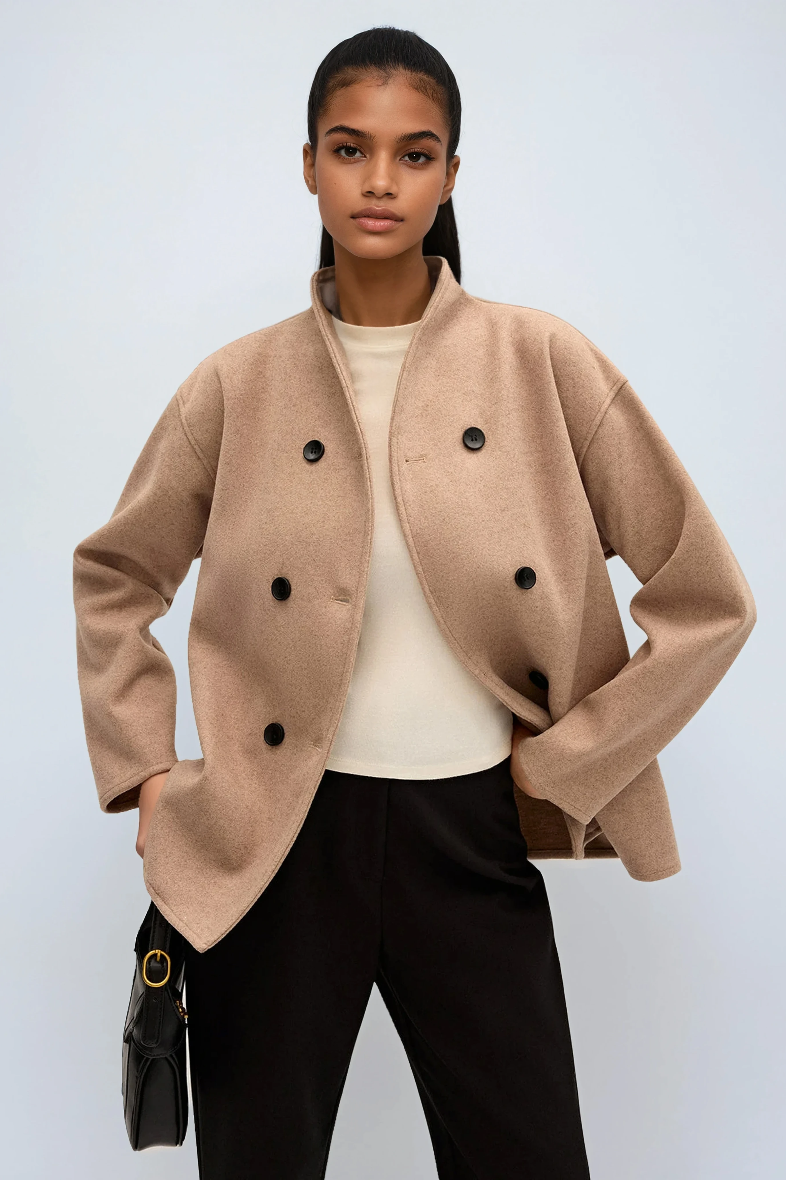 Boxy Double-Breasted Wool Jacket in Grey & Khaki – Short Length Tailored Coat for Smart Casual Layering | Koossa