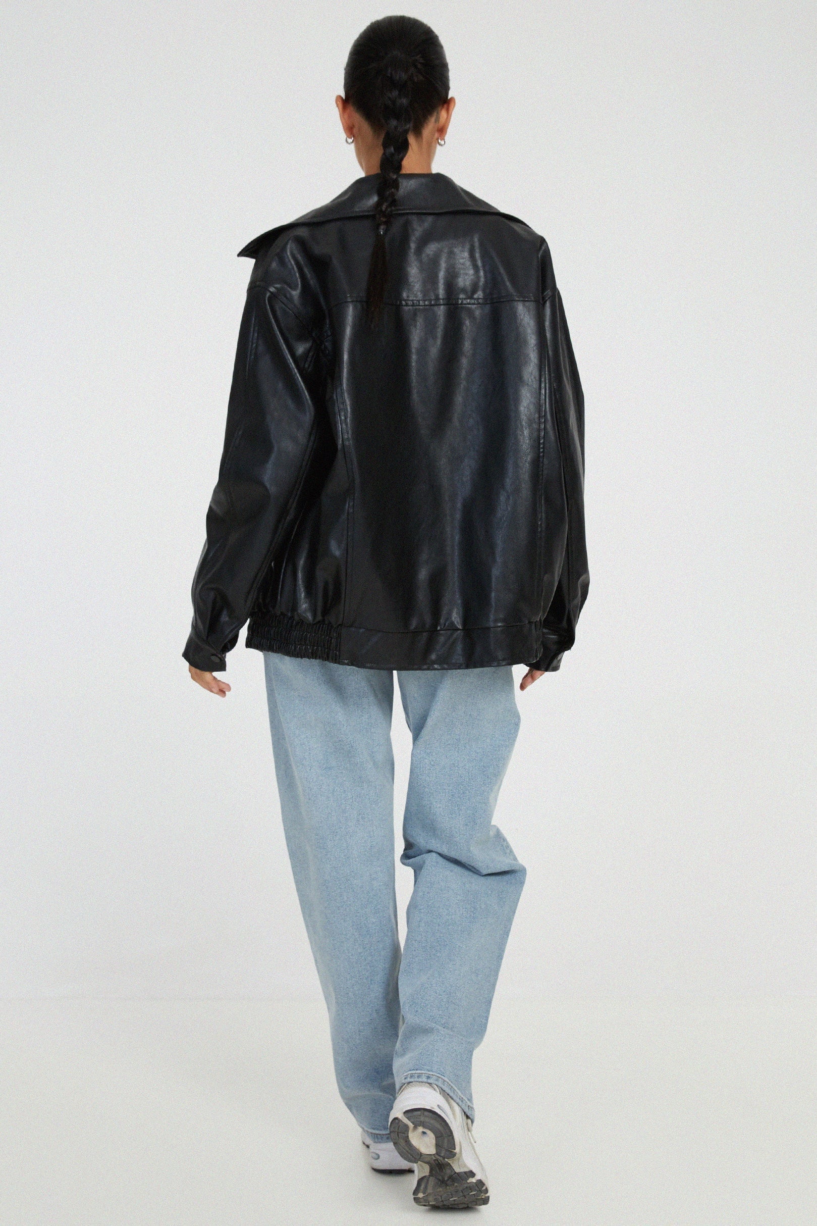 Oversized Faux Leather Jacket in Brown & Black with Wide Collar | Koossa