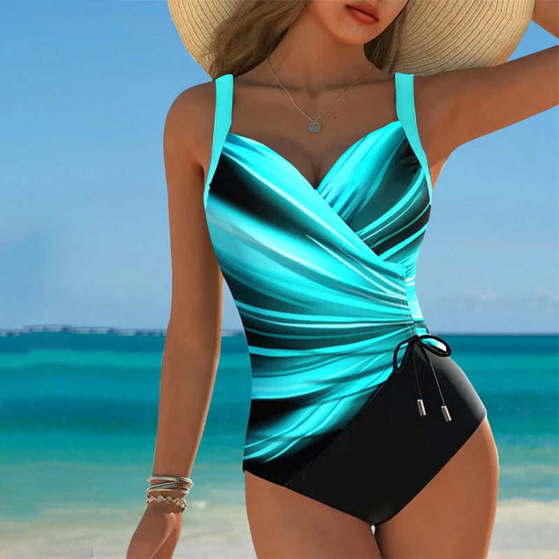 Women's Colour Block One-Piece Swimsuit with Lace-Up Detail — Elegant Swimwear for Holiday & Beach | Koossa