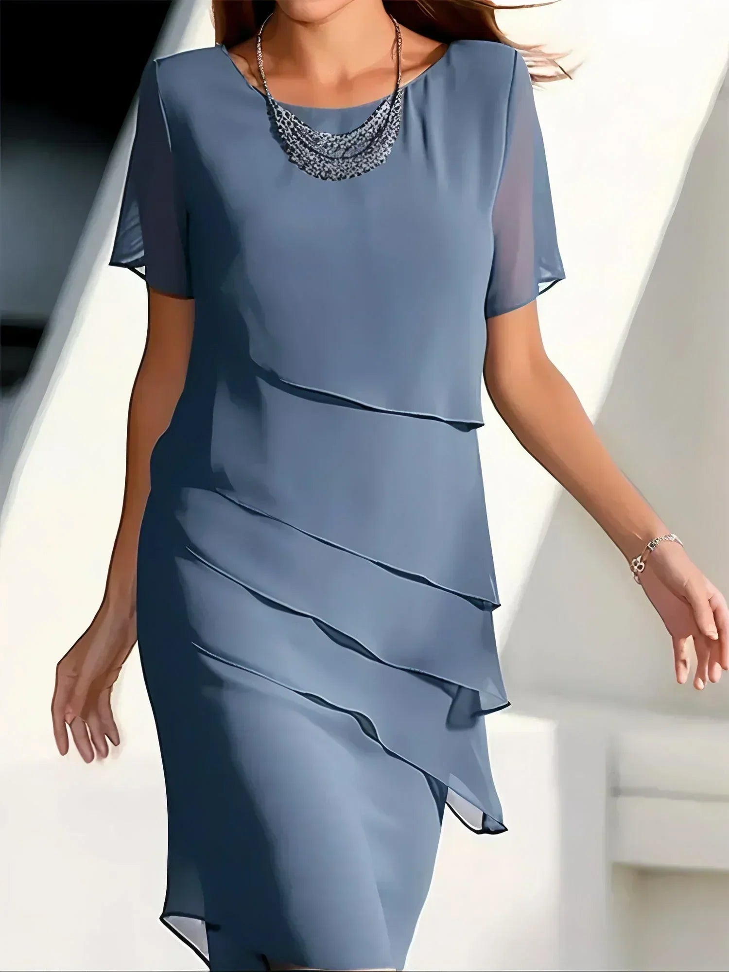 Women's Layered Chiffon Dress with Short Sleeves – Flowing Silhouette for Special Occasions and Daytime Elegance | Koossa