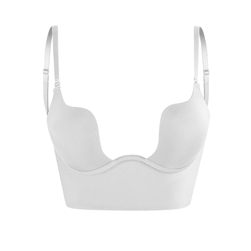 Invisible Clear Strap Plunge Bra Low Back Deep V Neckline Contoured Cups Adjustable Straps Secure Extended Band for Open Back Dresses | Lonoma
