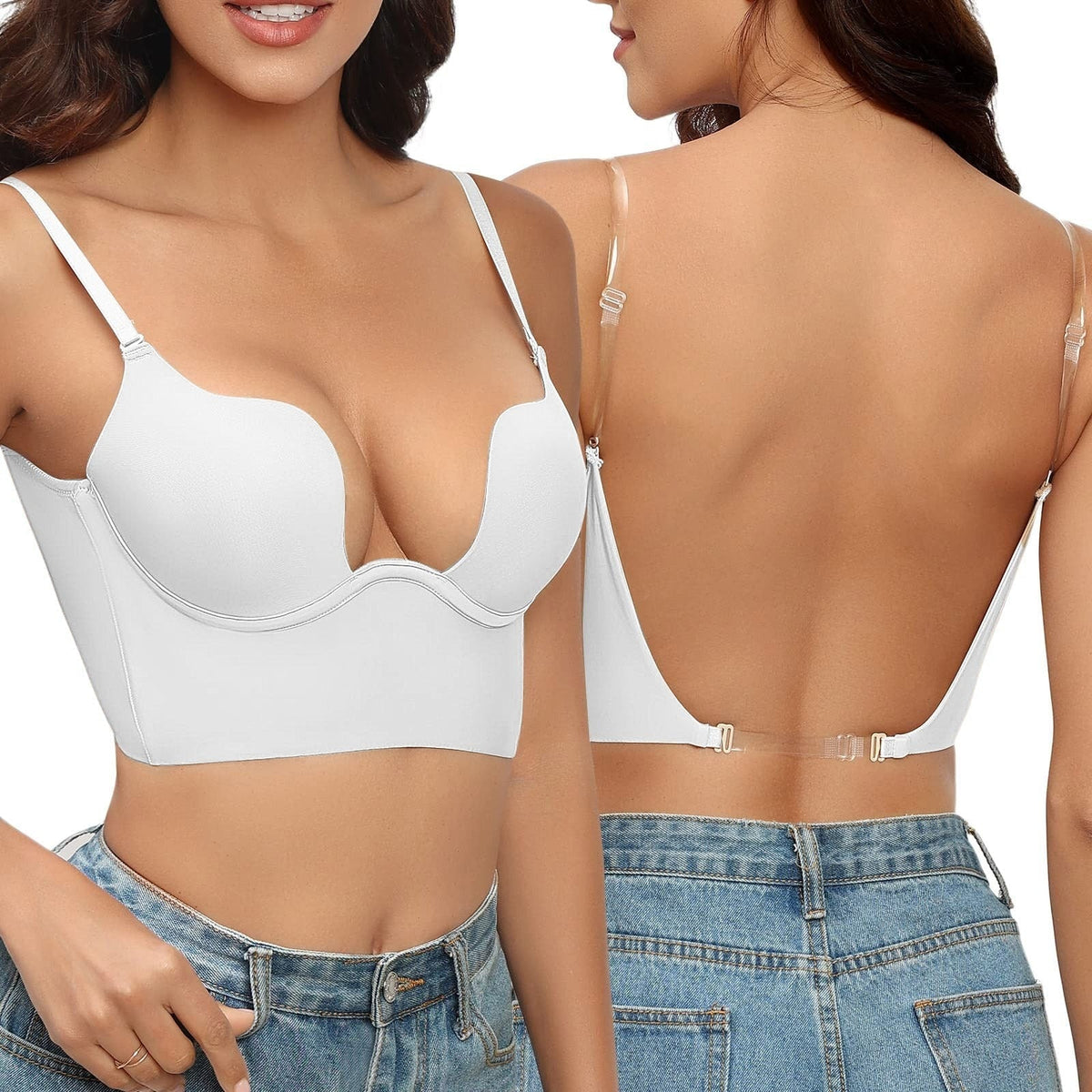 Invisible Clear Strap Plunge Bra Low Back Deep V Neckline Contoured Cups Adjustable Straps Secure Extended Band for Open Back Dresses | Lonoma