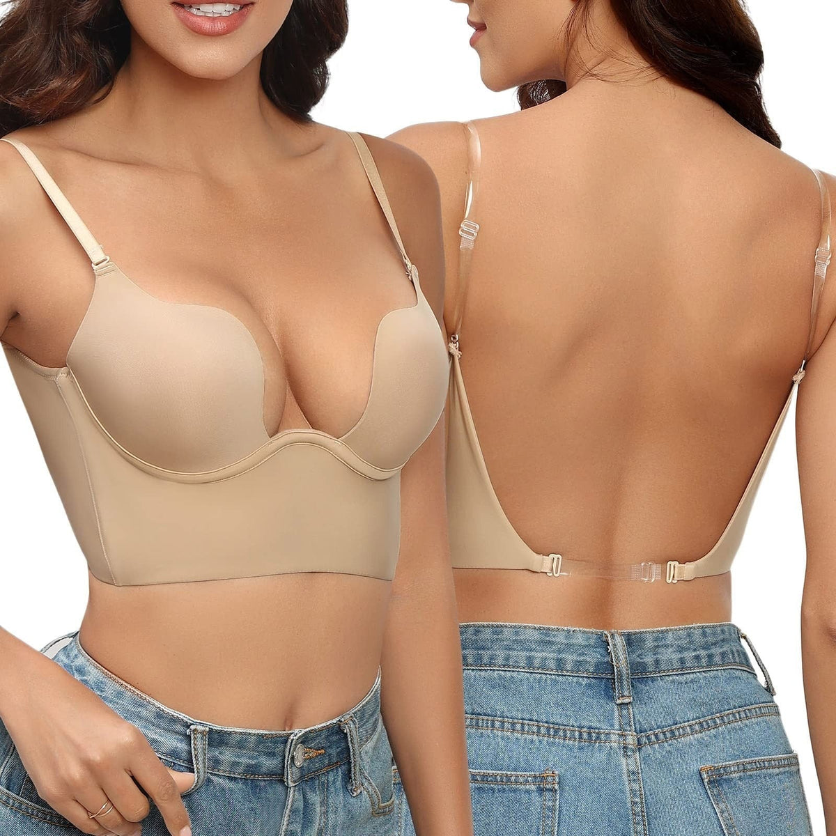 Invisible Clear Strap Plunge Bra Low Back Deep V Neckline Contoured Cups Adjustable Straps Secure Extended Band for Open Back Dresses | Lonoma