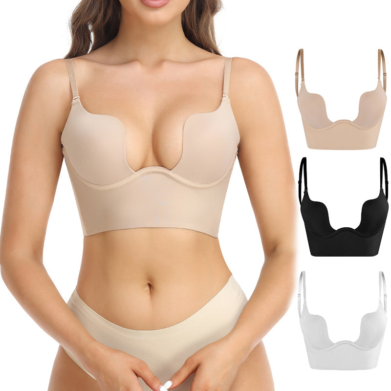 Invisible Clear Strap Plunge Bra Low Back Deep V Neckline Contoured Cups Adjustable Straps Secure Extended Band for Open Back Dresses | Lonoma